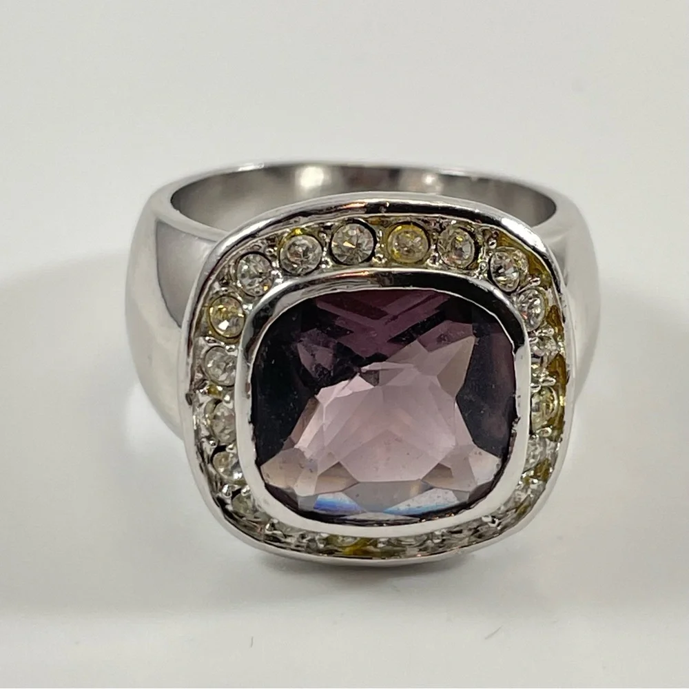 Bold Chunky Statement Ring Silver Ton Purple Cushion Cut Glass Halo Sz 7.5